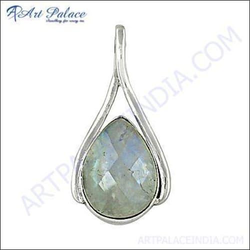 Famous Designer Silver Pendant featuring a captivating Rainbow Moonstone, showcasing its unique design and shimmering colors.