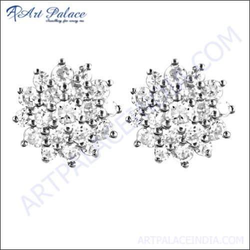 Elegant Famous Style Cubic Zirconia Silver Stud Earrings showcasing brilliant sparkle and quality craftsmanship.