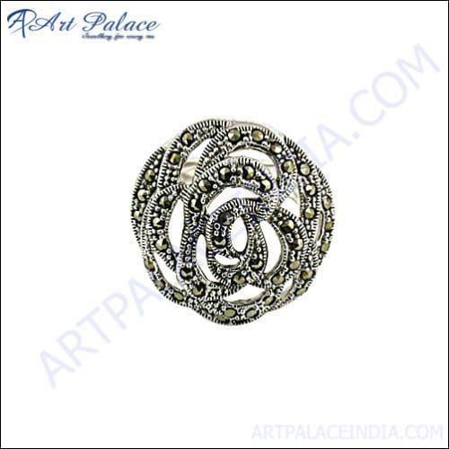 Fashionable Flower Style Gun Metal Silver Marcasite Ring featuring intricate flower design and sparkling marcasite stones.