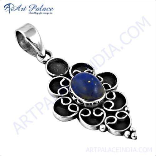 Feminine unique designer Lapis Lazuli gemstone silver pendant showcasing deep blue hues and intricate silver detailing.