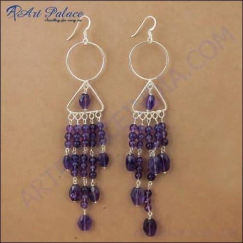 Feminine unique style amethyst gemstone silver earrings made of 925 sterling silver, showcasing a beautiful purple amethyst stone.