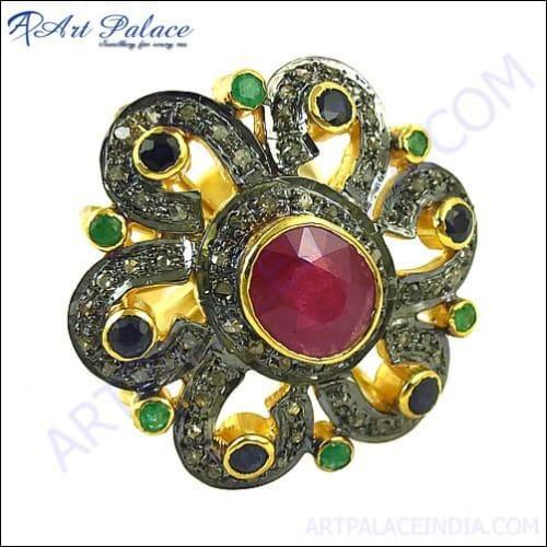 Feminine Unique Victorian Ring featuring diamonds, rubies, emeralds, and sapphires, showcasing intricate design and craftsmanship.