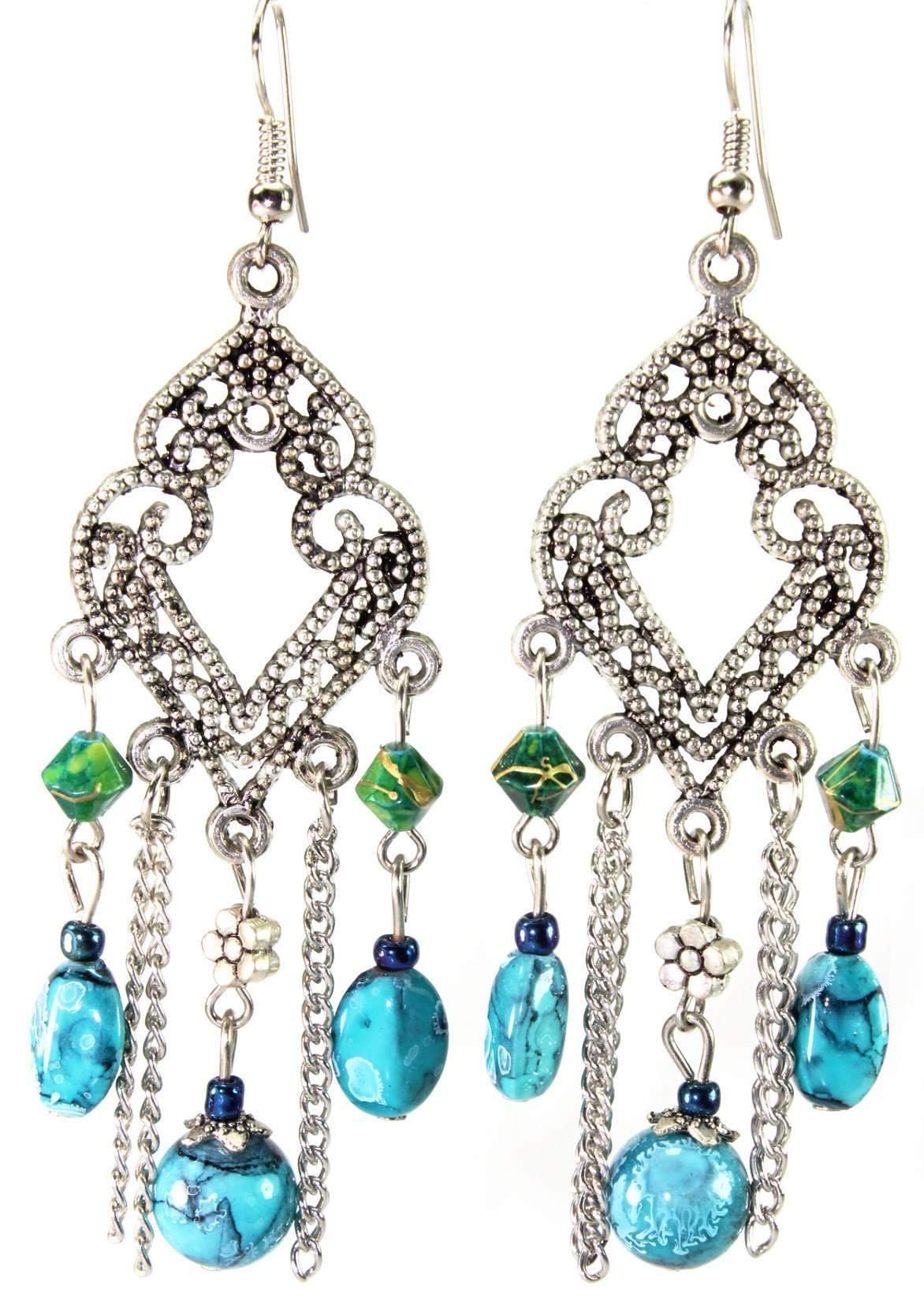 Elegant filigree chandelier earrings with marbled beads and flower charms, showcasing intricate design and golden specks.