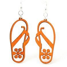 Colorful Tangerine Flip Flop Earrings made from sustainably sourced wood, featuring laser-cut design and hypoallergenic stainless steel ear wires.
