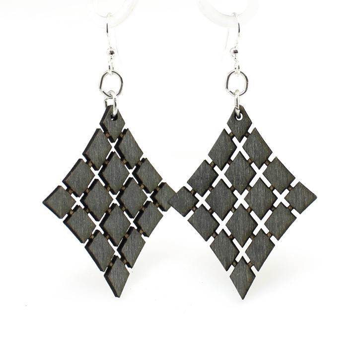 Floating Diamonds Earrings #1024 in Black Satin, showcasing a unique diamond shape design made from sustainably sourced wood.