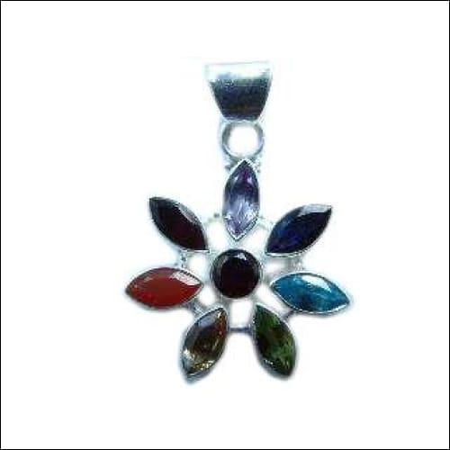 Flower Shape Multi Gemstone 925 Silver Pendant featuring vibrant gemstones in a floral design, elegantly crafted from sterling silver.