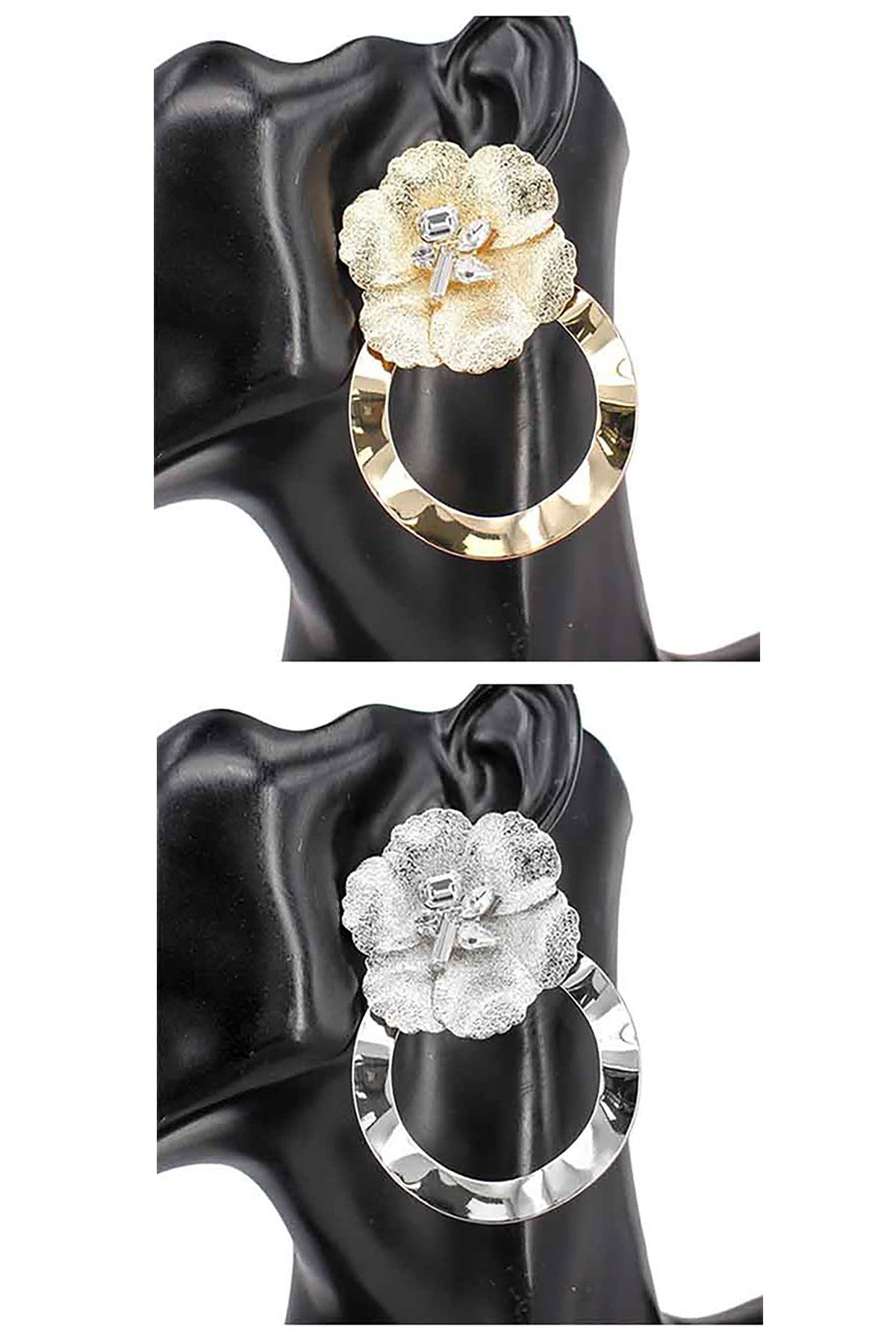 Elegant Flower with Stone Round Post Earrings featuring a floral design and sparkling stone, perfect for any occasion.