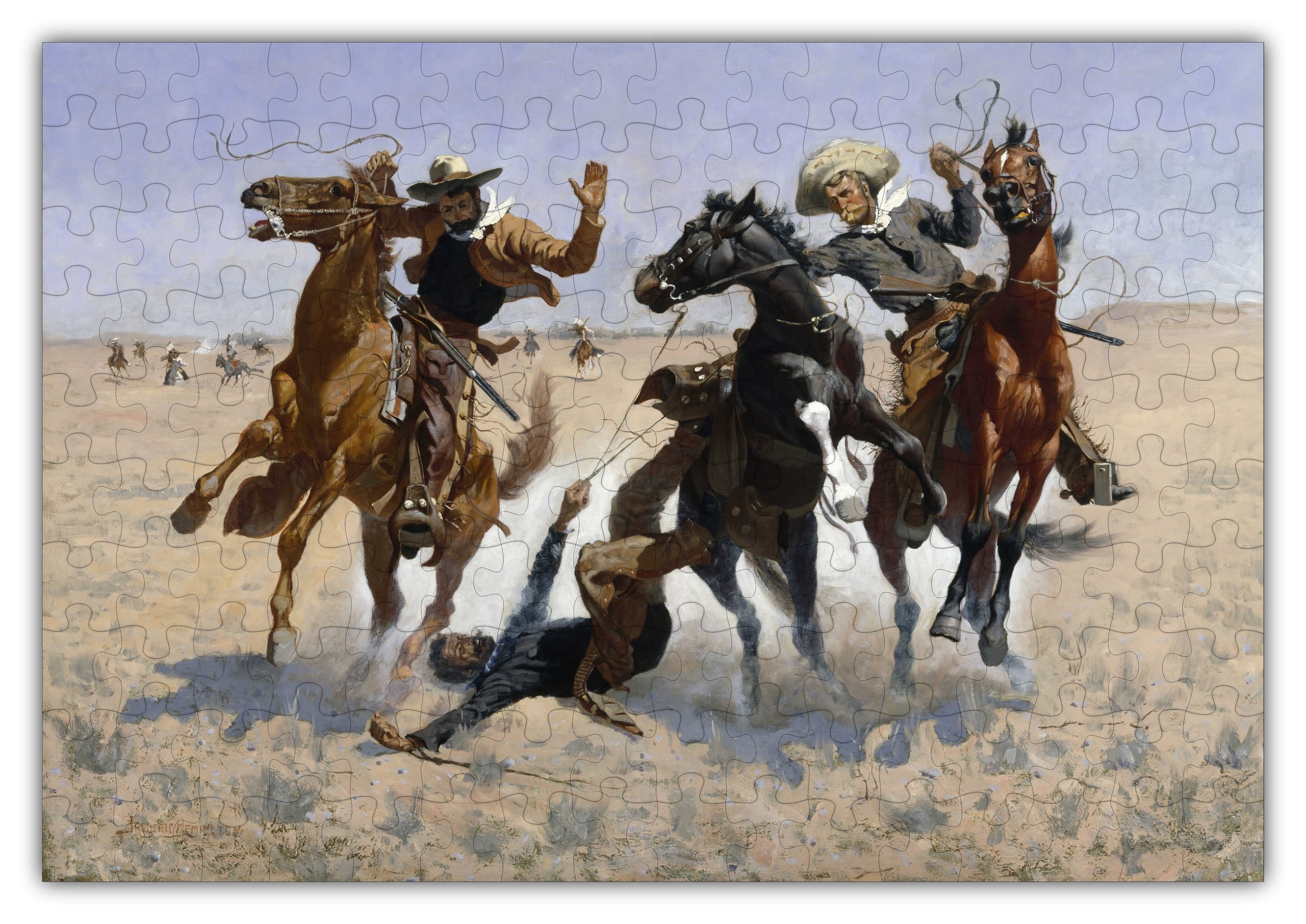 Frederic Remington Aiding a Comrade Puzzle featuring 303 intricately designed pieces in a cardboard box with burlap bag.