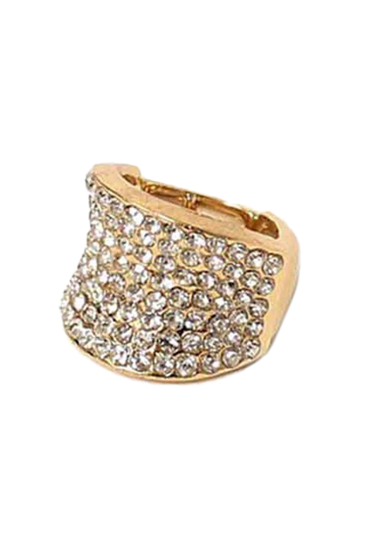 Elegant stretchable ring with full crystal covering and curvy shape, designed for comfort and style.