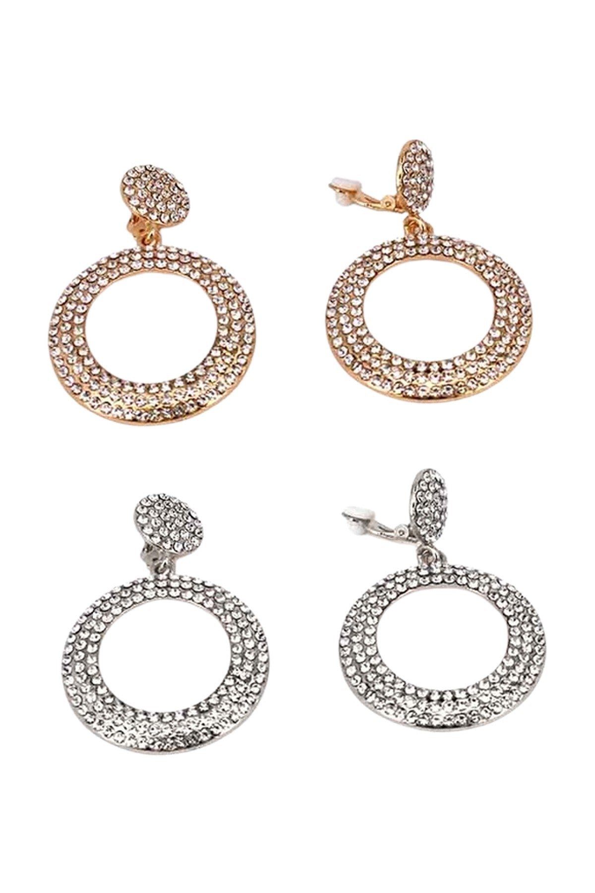 Elegant Full Crystal Open Ring Drop Clip-On Earrings with a sparkling design and comfortable clip-on mechanism.