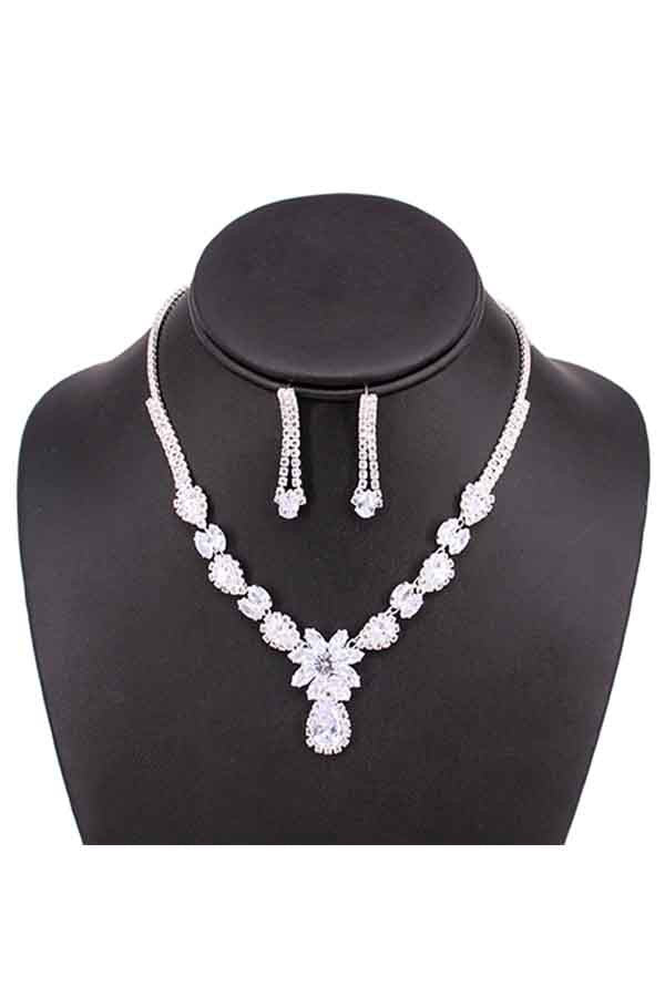 Full Cubic Zirconia Crystal Necklace Set featuring a 15-inch necklace and 1.25-inch earrings, showcasing sparkling crystals and a lobster claw clasp.