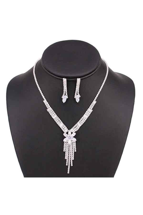 Elegant Full Cubic Zirconia Crystal Necklace Set with matching earrings, showcasing sparkling crystals and a lobster claw clasp.
