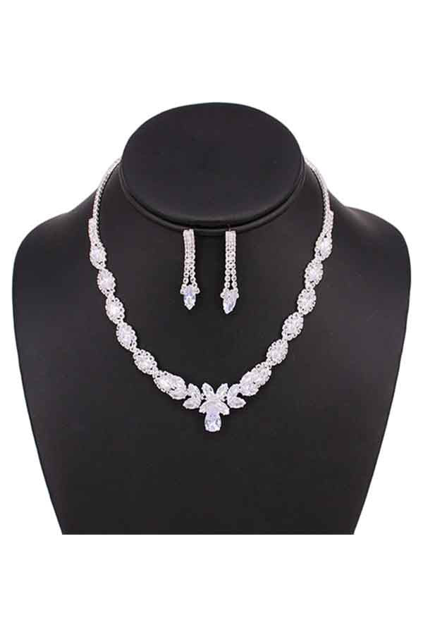 Full Cubic Zirconia Crystal Necklace Set featuring a 14-inch necklace with lobster claw clasp and matching 1.5-inch earrings, elegantly designed for any occasion.