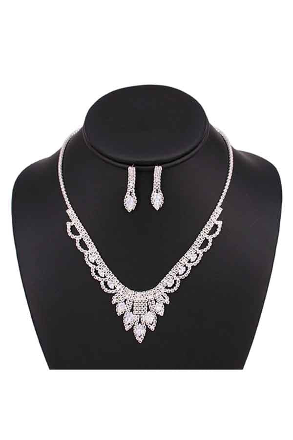 Elegant Full Cubic Zirconia Crystal Necklace Set with matching earrings, showcasing sparkling crystals and a lobster claw clasp.