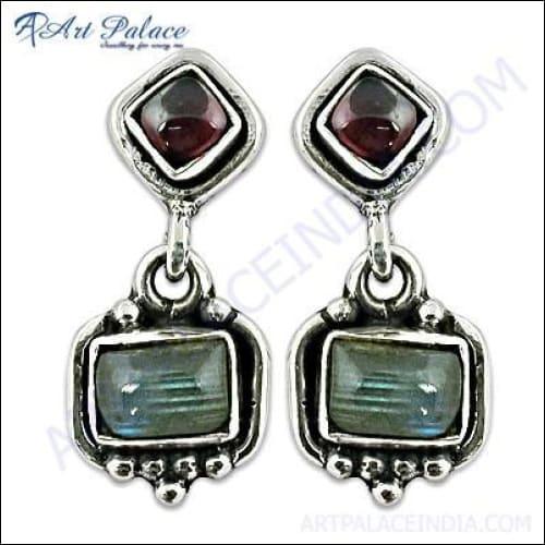 Garnet Labradorite Earrings in sterling silver, showcasing vibrant gemstones and intricate design.