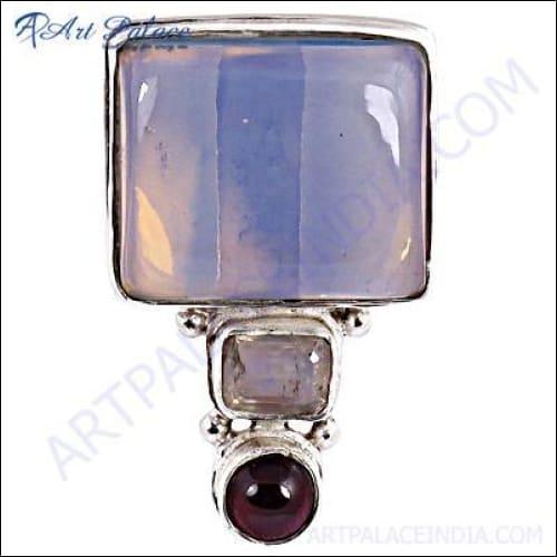 Garnet, Opal, and Rainbow Moonstone Silver Pendant crafted from 925 sterling silver, showcasing vibrant gemstones in an elegant design.