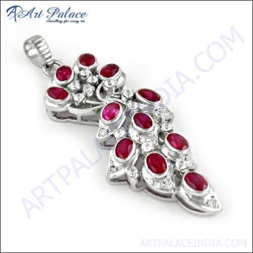 Girls' fashionable pink and white cubic zirconia gemstone silver pendant, showcasing elegant design and sparkling stones.