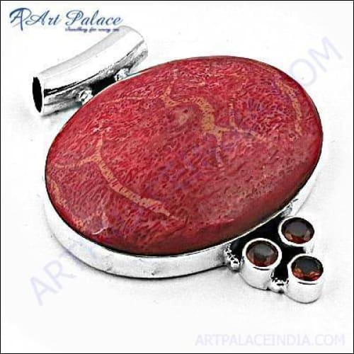 Glamorous Garnet and Sponge Coral Gemstone Silver Pendant showcasing intricate design and vibrant colors.
