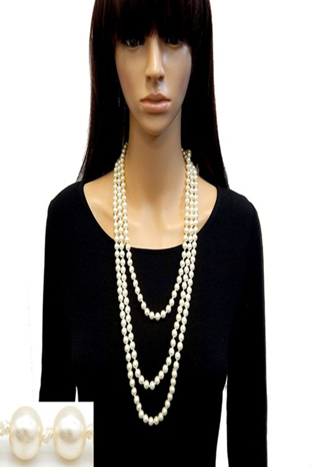 A long necklace featuring elegant 8MM glass pearls, measuring 84 inches in length, perfect for layering or wearing solo.