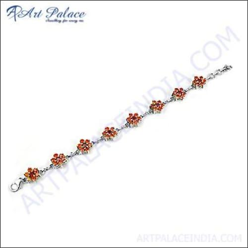 Glitzy Orange CZ Red Gemstone Silver Bracelet featuring vibrant orange and red cubic zirconia gemstones set in a sleek silver band.