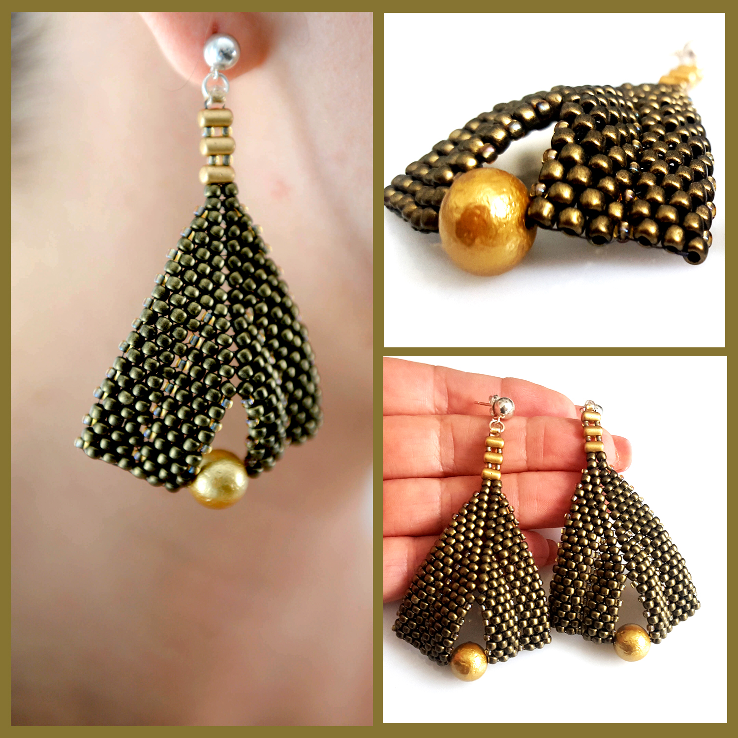 Gold Metallic Suede and Gold Pearl Statement Earrings featuring Toho seed beads and sterling silver studs, elegantly designed for versatile wear.