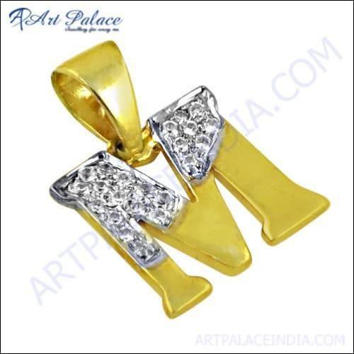 Gold plated silver pendant featuring a sparkling letter 'M' embellished with cubic zirconia stones, showcasing elegance and style.