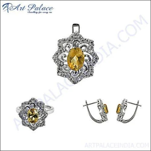 Gorgeous Citrine Cubic Zirconia Silver Jewelry Set featuring a necklace, earrings, and bracelet with vibrant yellow citrine and sparkling cubic zirconia stones.
