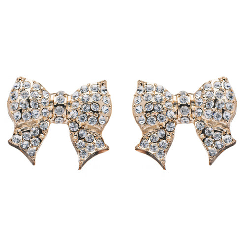 Gorgeous Fashion Ribbon Bow Design Crystal Rhinestone Pave Stud earrings in gold with sparkling rhinestones.