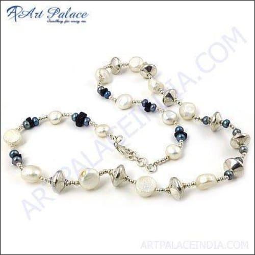 Graceful Black Onyx and White Pearl Necklace in 925 Sterling Silver, showcasing elegant beads and a durable chain.