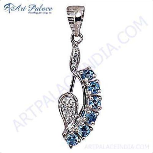 Graceful Glamour Blue Topaz and Cubic Zirconia Silver Pendant showcasing a vibrant blue gemstone surrounded by sparkling stones, elegantly designed.