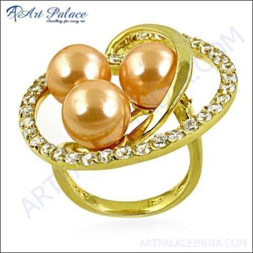 Graceful Glamour ring featuring cubic zirconia and pink pearl, elegantly designed with silver and gold plating.