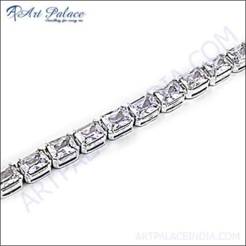 Graceful Sparkling Cubic Zirconia Silver Bracelet featuring dazzling stones and elegant design, handcrafted by Art Palace, Jaipur.