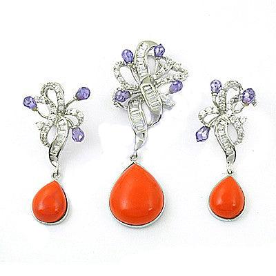 Gracious Fashion Silver Gemstone Pendant Set featuring sparkling cubic zirconia and synthetic coral, elegantly designed for sophistication.