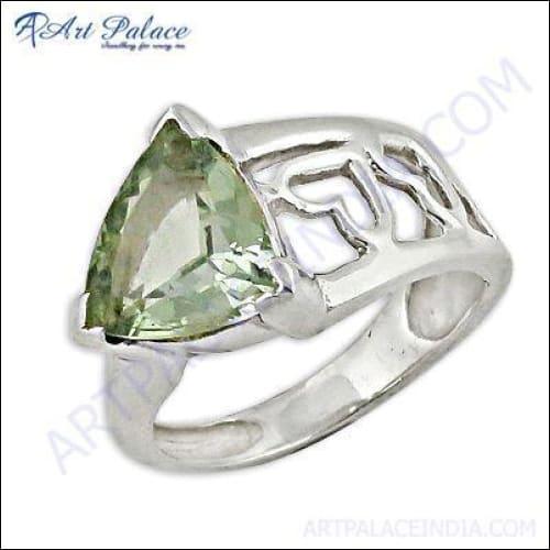 A stunning Green Amethyst Gemstone Silver Ring featuring a vibrant green amethyst set in high-quality silver, showcasing intricate craftsmanship.