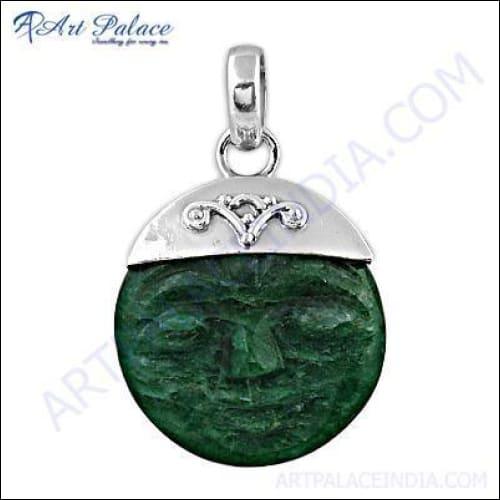 Green Aventurine Moon Face Gemstone Silver Pendant showcasing a unique moon face design with vibrant green aventurine and a polished silver setting.