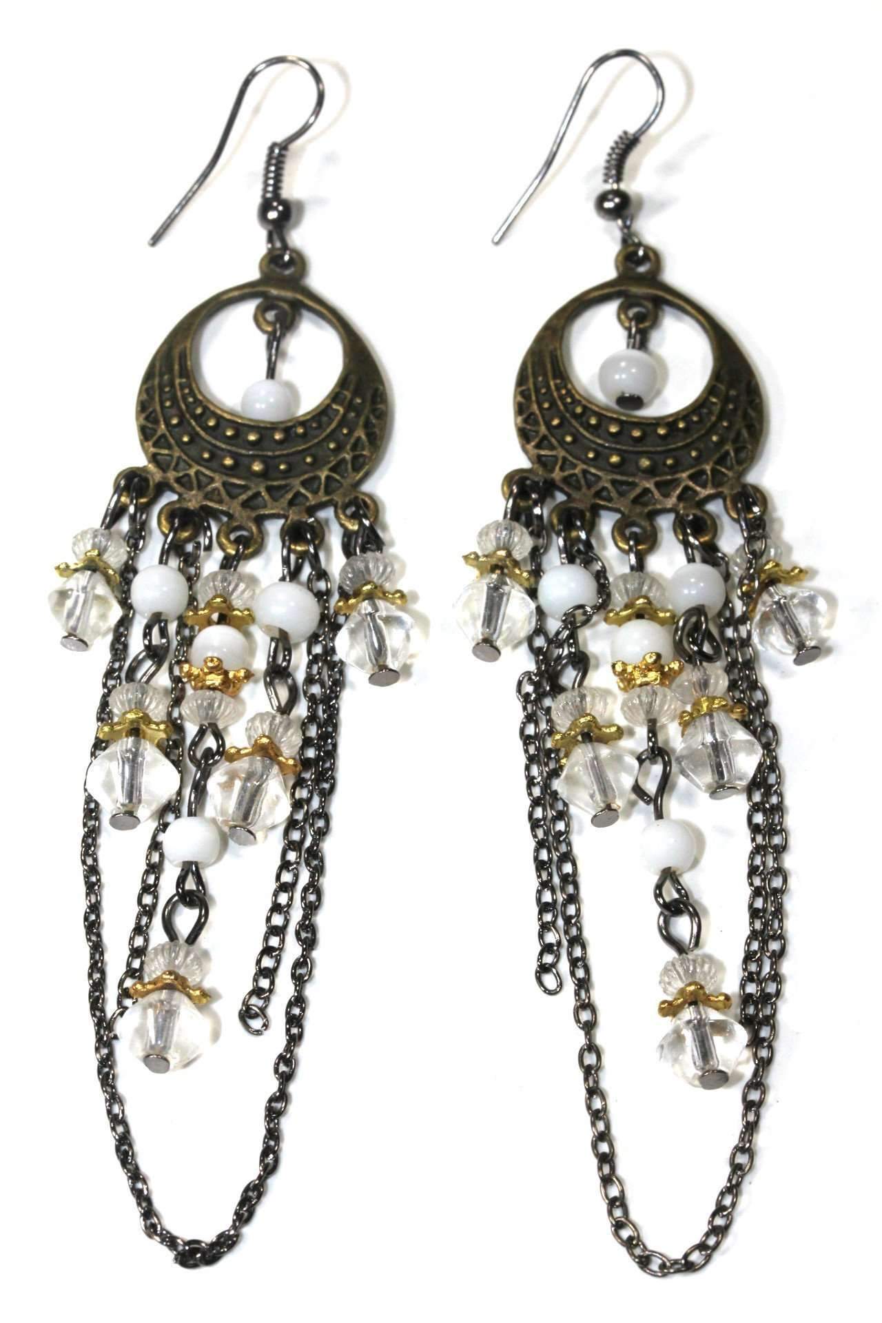 Handmade gypsy style chandelier earrings featuring chain links and shiny beads in various colors, showcasing intricate craftsmanship.