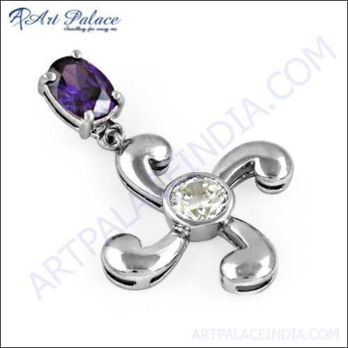Handcrafted silver pendant featuring a vibrant amethyst stone surrounded by sparkling white cubic zirconia, showcasing exquisite craftsmanship.