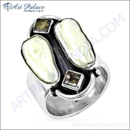 Handcrafted silver ring featuring Amethyst, Pearl, and Smokey Quartz gemstones, showcasing intricate design and high-quality 925 silver.