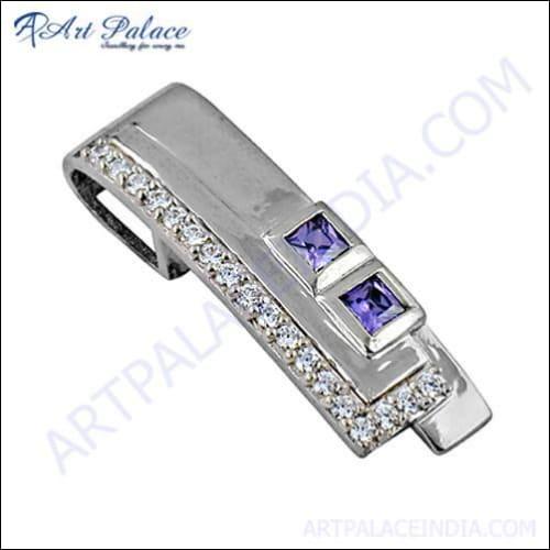 Hand-crafted silver pendant featuring amethyst, zircon, and cubic zirconia stones, showcasing a unique and elegant design.