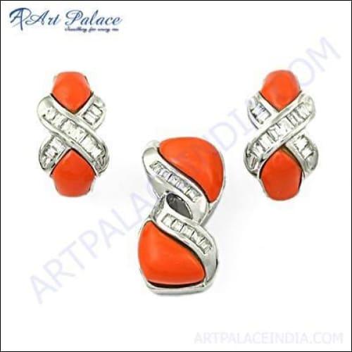 Handcrafted CZ Synthetic Coral and Silver Gemstone Pendant Set featuring intricate design and premium materials.