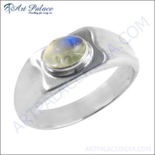 Handcrafted Rainbow Moonstone Silver Ring showcasing a unique artisan design with a shimmering gemstone set in a polished silver band.