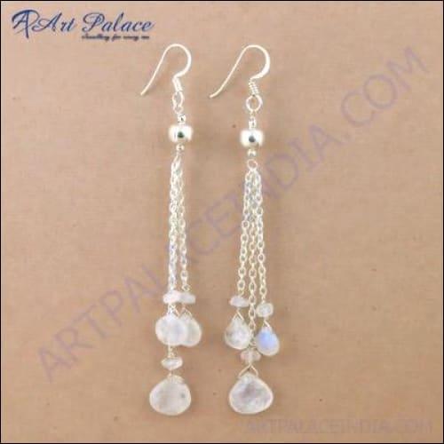 Handcrafted spiral designer earrings featuring rainbow moonstone gemstones set in high-quality silver, showcasing a unique and elegant design.