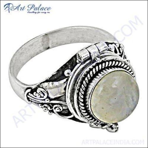 Handmade 925 silver ring featuring a rainbow moonstone in a box style design, showcasing its unique colors and craftsmanship.