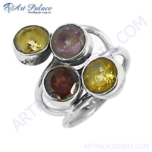 Handmade 925 silver ring featuring Amethyst, Citrine, and Garnet gemstones, showcasing intricate craftsmanship and vibrant colors.
