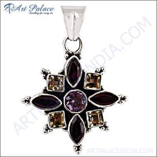 Handmade 925 sterling silver pendant featuring vibrant amethyst, citrine, and garnet gemstones, showcasing exquisite craftsmanship.