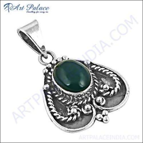 Handmade 925 sterling silver pendant featuring a vibrant green onyx gemstone, showcasing intricate craftsmanship and elegant design.