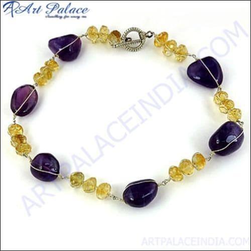 Handmade Amethyst and Citrine Gemstone Silver Necklace featuring elegant beaded design and sterling silver accents.