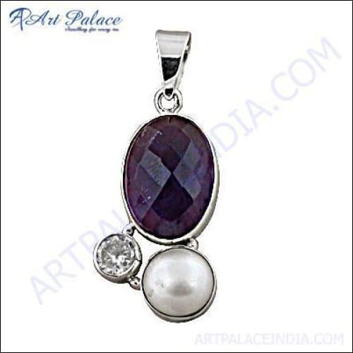 Handmade silver pendant featuring amethyst, pearl, and cubic zirconia gemstones, showcasing intricate craftsmanship and elegant design.