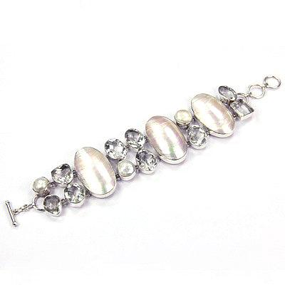 Handmade Crystal Pearl Gemstone 925 Silver Bracelet featuring genuine gemstones and adjustable chain for comfort.