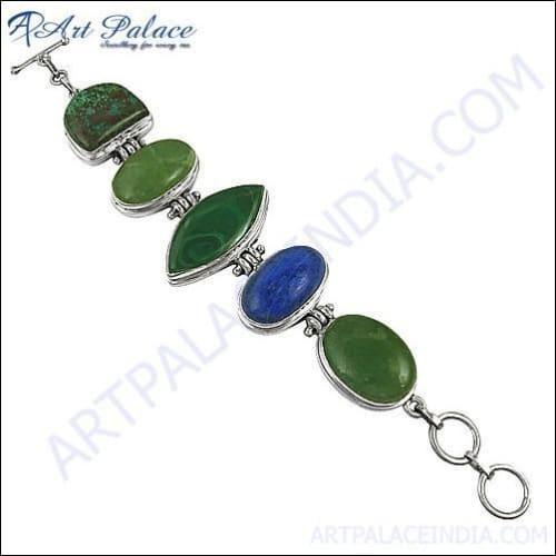 Handmade Multi-Gemstone Silver Bracelet featuring vibrant gemstones like amethyst and citrine, set in a delicate silver band.